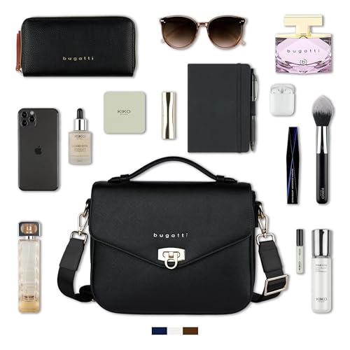 bugatti Ella Classic Women's Faux Leather Shoulder Bag Handbag, Black Saffiano, Kompakt, Contemporary