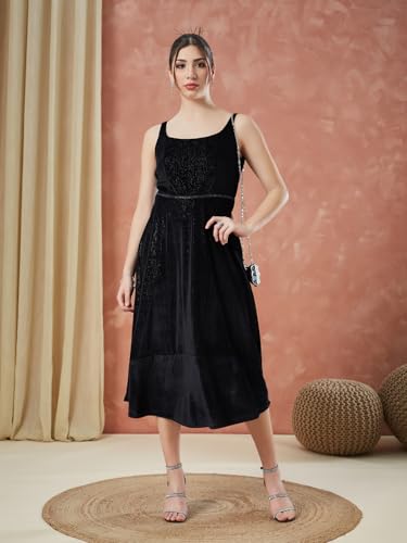 Latin Quarters Women's Black Sleeveless Solid Square Neck Evening Dress_S