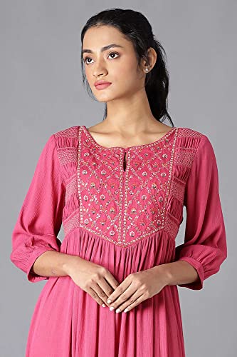 W for Woman Women's Viscose Dark Pink Flared Dress with Thread Embroidery Calf Length (22FEW17494-217011_Fuscia 2XL)