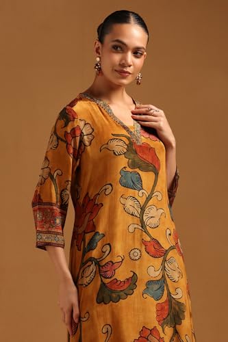 Soch Womens Mustard Crepe Botanical Kurta with Bead Details