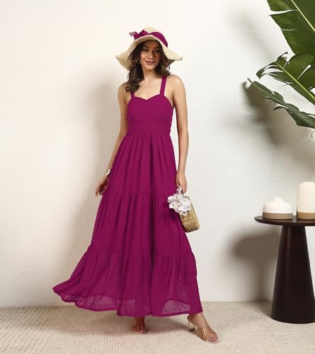 DEEBACO Women's Georgette Dobby Strappy Tiered Maxi Dress|Sleeveless|Sweetheart Neck|Casual Trending Fashion Long One Piece Dresses Women Western(DBDR00002280_M_Magenta)