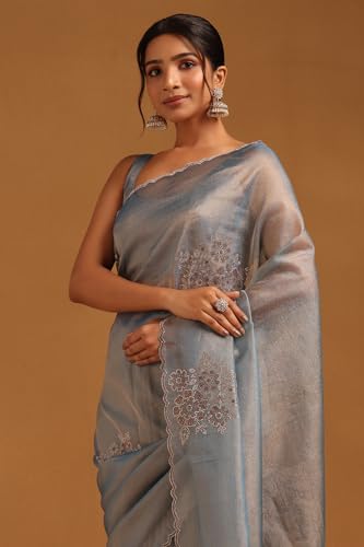 Soch Womens Blue Tissue Floral Saree With Stone Work