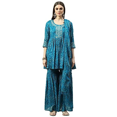 BIBA WOMEN PRINTED RELAXED SALWAR KURTA DUPATTA(SKDASSORTED8419_TEAL BLUE_40)