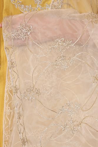 W for Woman Women's White Gota Embroidered Organza Dupatta, Free Size, Yellow