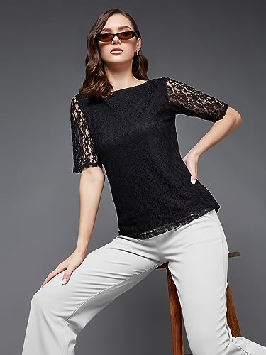 Miss Chase Women's Round Neck Half Sleeves Basic Lace Crop Top (MCAW25TP98-56-NOB-02, Obscura Black, XS)