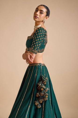 JIHU CULTURE Dark Green Vichitra Silk Sequence Embroidery Work Semi- Sttiched Lehenga Choli Set For Women's-JH254GRN