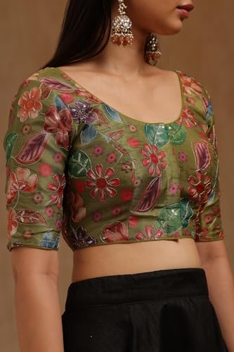 Soch Womens Olive Tissue Floral Print Padded Blouse with Sequins