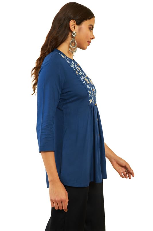 Soch Womens Teal Rayon Floral Embroidered Yoke A-line Tunic