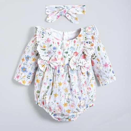 Hopscotch Girls White Full Sleeves Bow Applique Ruffled Onesie For Age (18-24 Months)
