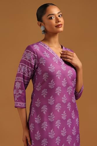 Soch Womens Purple Poly Linen Botanical Kurta with Bead Details
