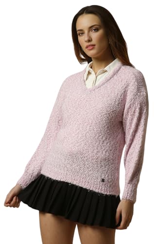 Allen Solly Women's Polyester Blend V-Neck Sweater (AHSWCRGPQ45837_Pink