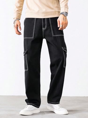 KOTTY Men's Solid Loose Fit Street Style Utility Wear Baggy Cargo Jeans(Black,28)
