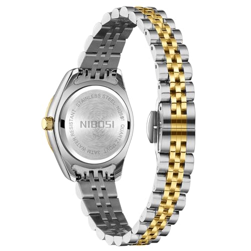 NIBOSI Watches for Woman Analog Quartz Stainless Steel Diamond Rose Gold Green Small Dial Women Watches Classic Wrist Watch Date Waterproof (A02-Gold Silver White)