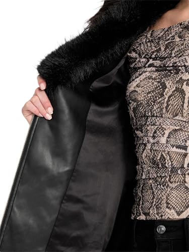 GUESS Women's Oprah Fur Collar Diamond Faux Leather Jacket, Black (Jet Black), L
