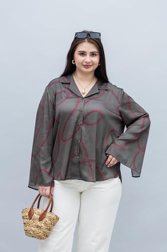 PURYS Women's Olive Abstract Print Plus Size Slit Sleeves Satin Shirt, 3X-Large