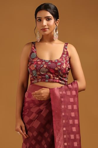 Soch Womens Wine Tussar Checked Saree With Zari Woven