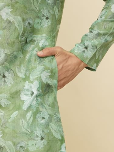 Manyavar Men's Sage Green Floral Printed Kurta (L)