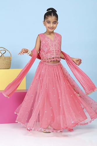 Biba Girls Pink Cotton Satin Solid Regular Lehenga Set_12-13Y