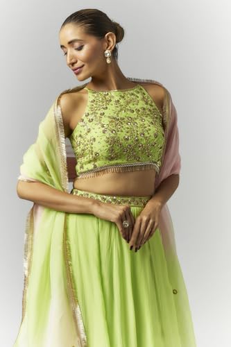 essaySumedha Agrawal Organza and Santoon Organza Lehenga Set for Women (Size: M, Green)