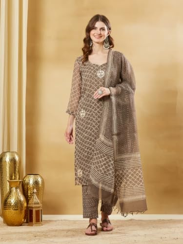 Divena Brown Kota Doria Round Neck Kurta Set with Dupatta