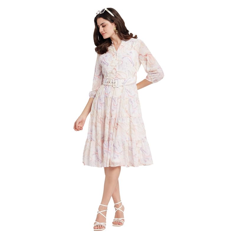 METTLE Printed Mandarin Collar Tiered Fit & Flare Dress Lilac