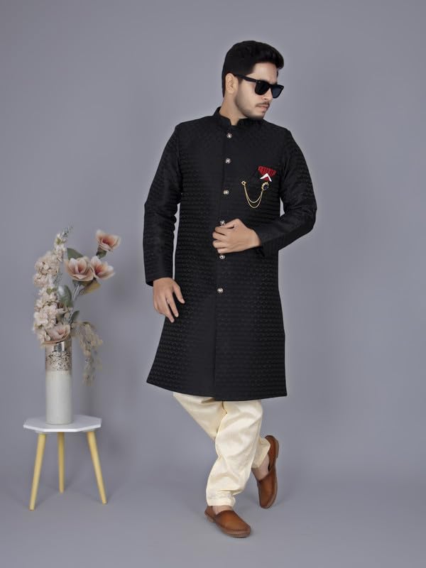 XEPON Mens Traditional Ethnic Wear Black Sherwani & Pajama Set (Black, L Size)