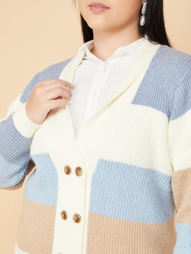 Max Women Knit Colourblock Cardigan (Blue_3XL)