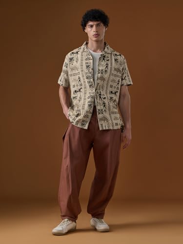 The Souled Store Nomad: Spirit Men and Boys Short Sleeve Cuban Collar Beige All Over Print Regular Fit Casual Trendy Holiday Ready Cotton Blend Textured Shirt