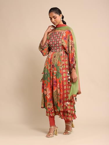 Ritu Kumar Orange Floral Print Kurta With Legging And Dupatta