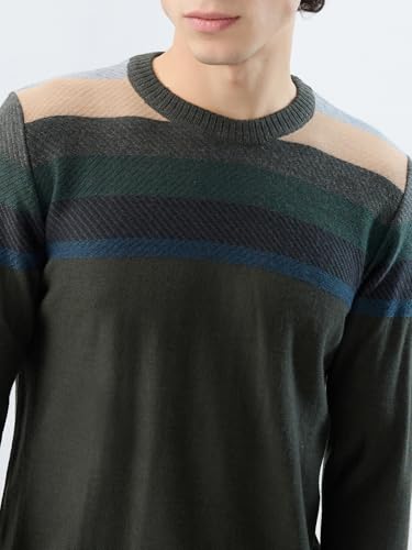 Raymond Men Regular Fit Stripe Pattern Merino Wool Acrylic Blend Full Sleeve Round Neck Casual Sweater Green