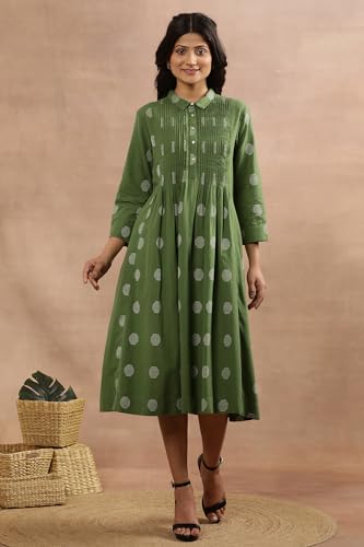 W for Woman W Women Green Polka Print Cotton Flax Flarred Dress_24FEW11081-313885_S