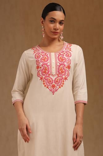 Soch Women's Pure Cotton Embroidered Regular Fit Kurta (SMUA5KU0100_Off White