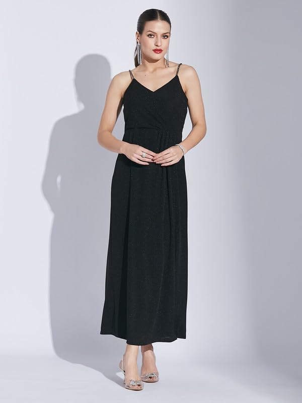 Latin Quarters Women Black V-Neck Sleeveless Solid Dress_S