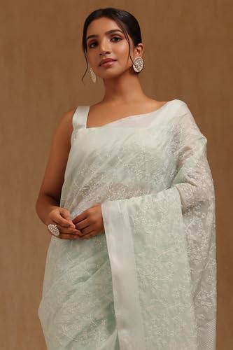 Soch Womens Powder Blue Chanderi Floral Print Saree With Thread Work