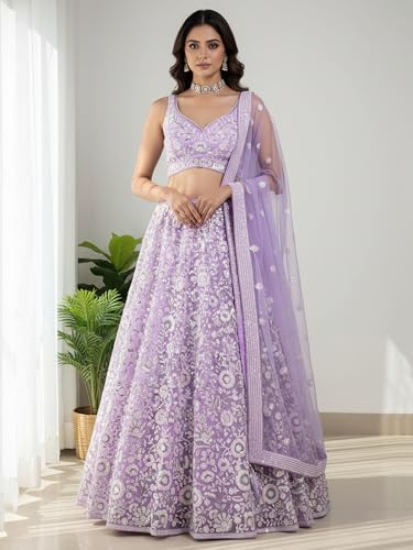 Zeel Clothing Women's Sequins Embroidered Soft Net Designer Lehenga Choli with Dupatta (5126-Lavender-Womens-New-Lehenga-Choli; Free Size) (Lavender)