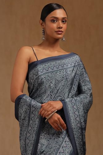 Soch Womens Navy Blue Crepe Ethnic Motifs Saree