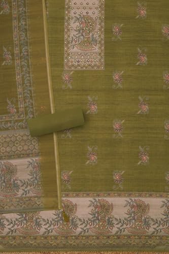 Soch Womens Olive Chanderi Ethnic Motifs Unstitched Dress Material With Sequins