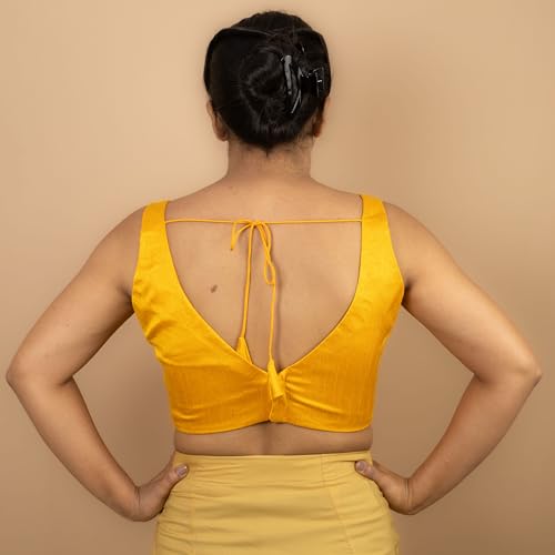 Women's Dupion Raw Silk Sleeveless V Neck Sabyasachi Cut Readymade Saree Blouse Padded Stitched Lining Designer Indian Festive Blouse | S4 (Yellow, 46)
