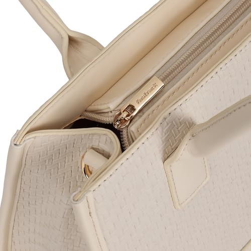 Fastrack Lattice White Satchel Bag | Faux Leather Weave Design | Triple Compartment Satchel with Center Zip Pocket & Organizer Pockets | Dual Carry Handles & Detachable Adjustable Strap