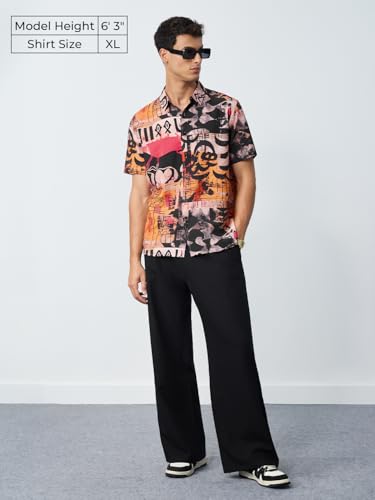 The Souled Store Harappan Motif: Men and Boys Short Sleeves Collared Neck Button Front All Over Printed Viscose Nylon Blend Regular Fit Lightweight Holiday Shirt