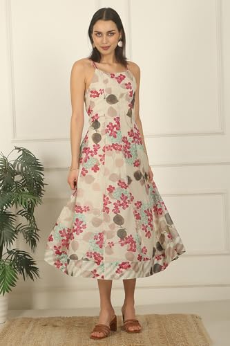 W for Woman Off-White Foral Printed Cotton Kota Flared Spaghetti Dress (Size: XS)-W12244-125266