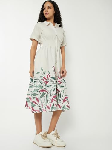 Max Women Printed A-line Dress (White_XL)