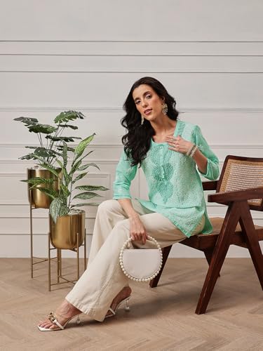 Ada Handcrafted Lucknow Chikankari Women's Straight Cotton Short Kurti Top Tunic A273668 (Sea Green, XS)