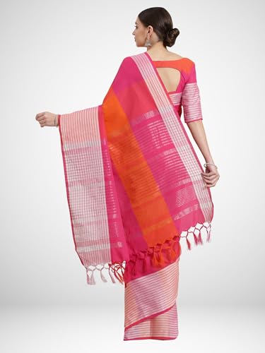 SAREE MALL Women's Pink Cotton Blend Checkered Printed Saree With Unstitched Blouse (RITA4504_GIF)