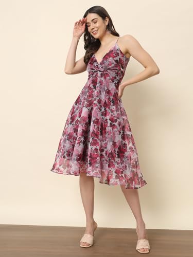 Trend Arrest.ed Women’s Floral Fit & Flare Midi Dress | V-Neck Organza Dress with Lining | Lightweight Spaghetti Strap Style for Brunch, Travel & Day Events (D5365_Multicolour_L)