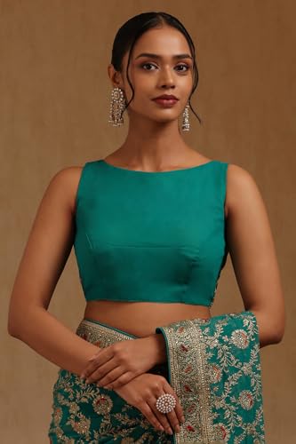 Soch Womens Turquoise Blue Georgette Embroidered Saree With Stone Work
