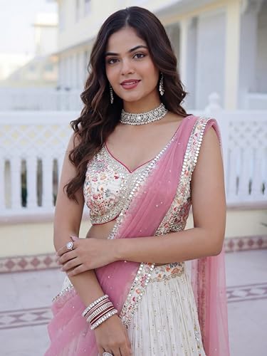 Zeel Clothing Women's Sequins Zari Embroidered Work Georgette Lehenga Choli With Dupatta (7070-White-Women-Lehenga-Choli; Free size) (White)