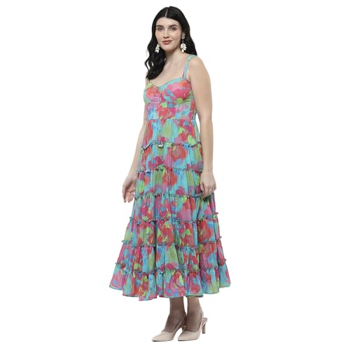 Biba Women's Cotton Tiered Floor Length Dress (POPPLAY2850SS25TUR_Turquoise