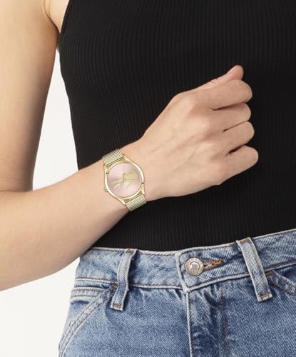 Lacoste Crocodelle Women's 3H Quartz Watch, Stainless Steel Mesh Bracelet - Modern, Classic Timepiece - Gift for Her, 36mm, Gold Plated-Pink