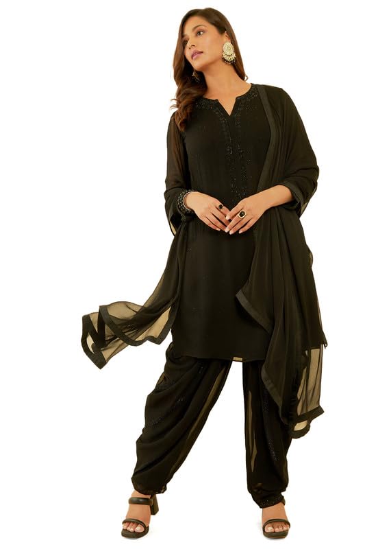 Soch Womens Black Embellished Georgette Suit Set with Dupatta